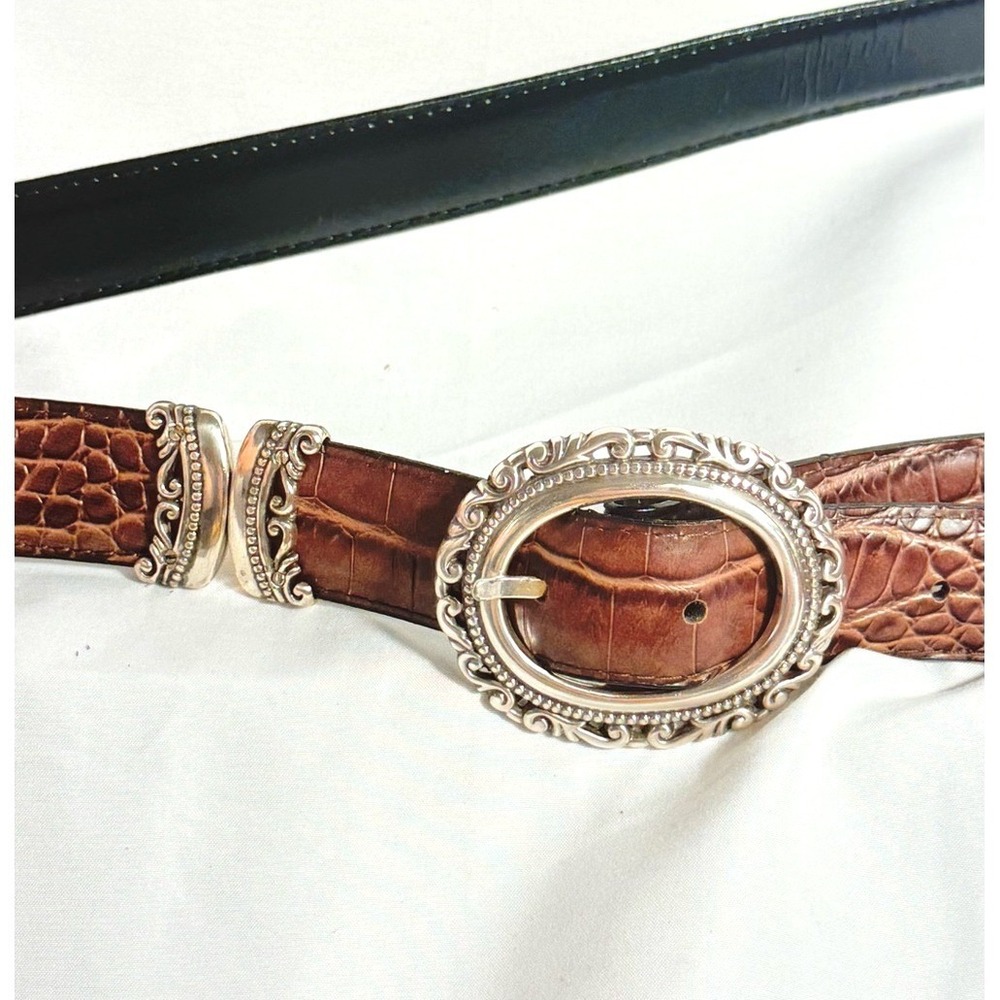 Brown Crocodile  Leather Belt  Ornate Silver Buckle measure 46"